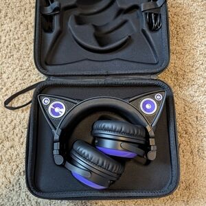 Purple cat ear wired headphones